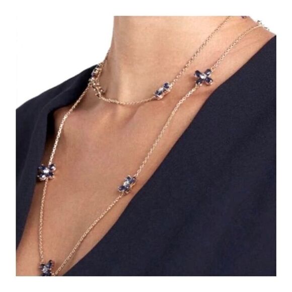 NWT Tory Burch Gold Blue Zircon Four Leaf Clover Elongated 21 in. Neckla… - Picture 7 of 11
